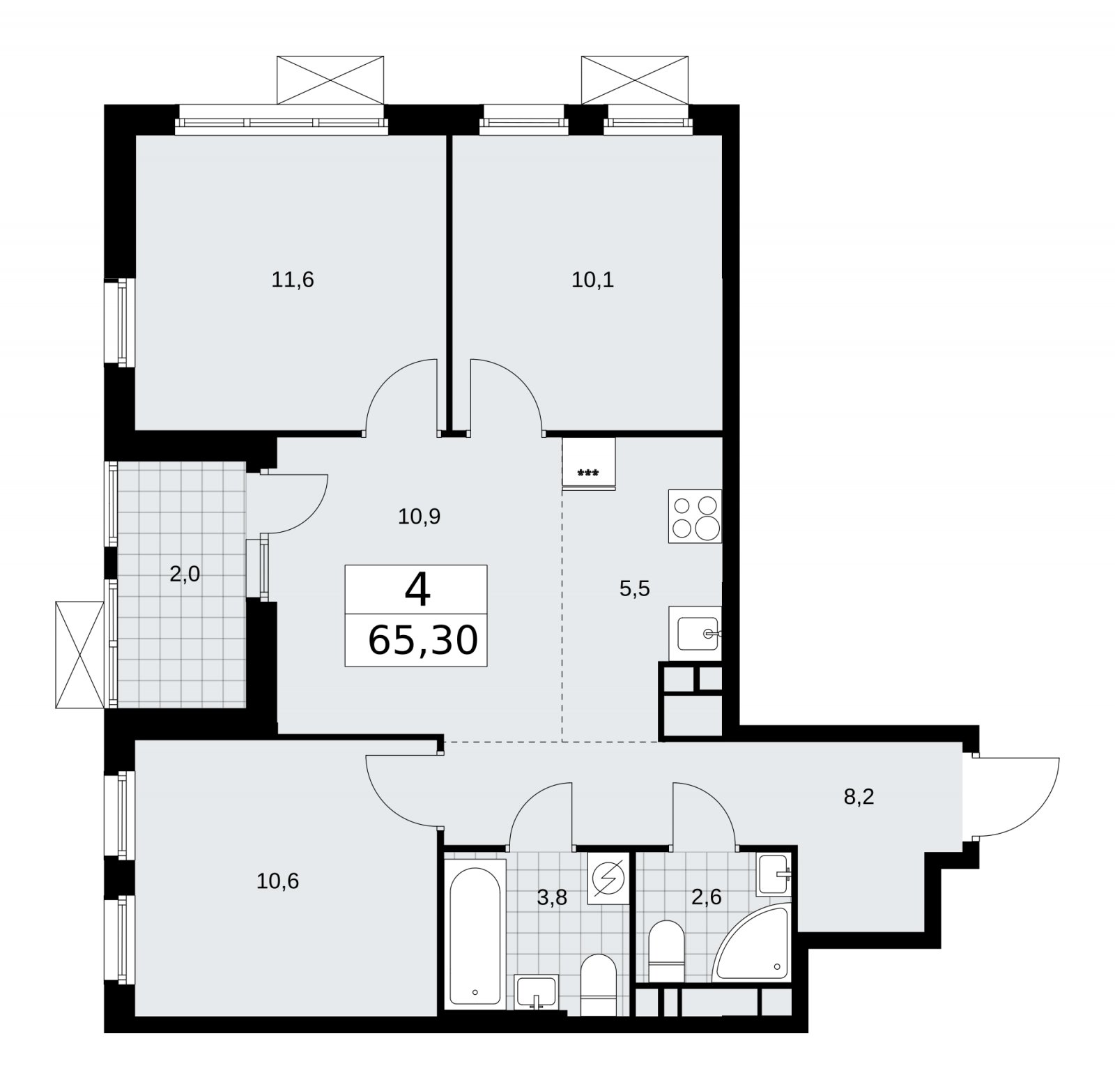 4-комнатная квартира (евро) с частичной отделкой, 65.3 м2, 16 этаж, сдача 4 квартал 2025 г., ЖК Бунинские кварталы, корпус 3.5 - объявление 2152252 - фото №1