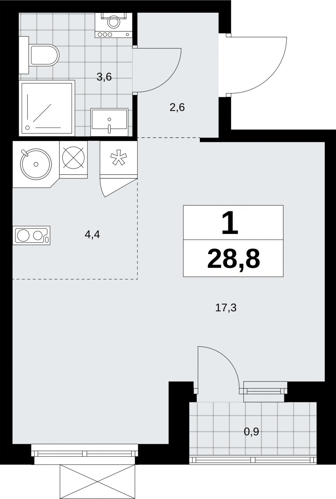 1-комнатная квартира с полной отделкой, 28.8 м2, 6 этаж, сдача 3 квартал 2026 г., ЖК Дзен-кварталы, корпус 6.1.3 - объявление 2327803 - фото №1