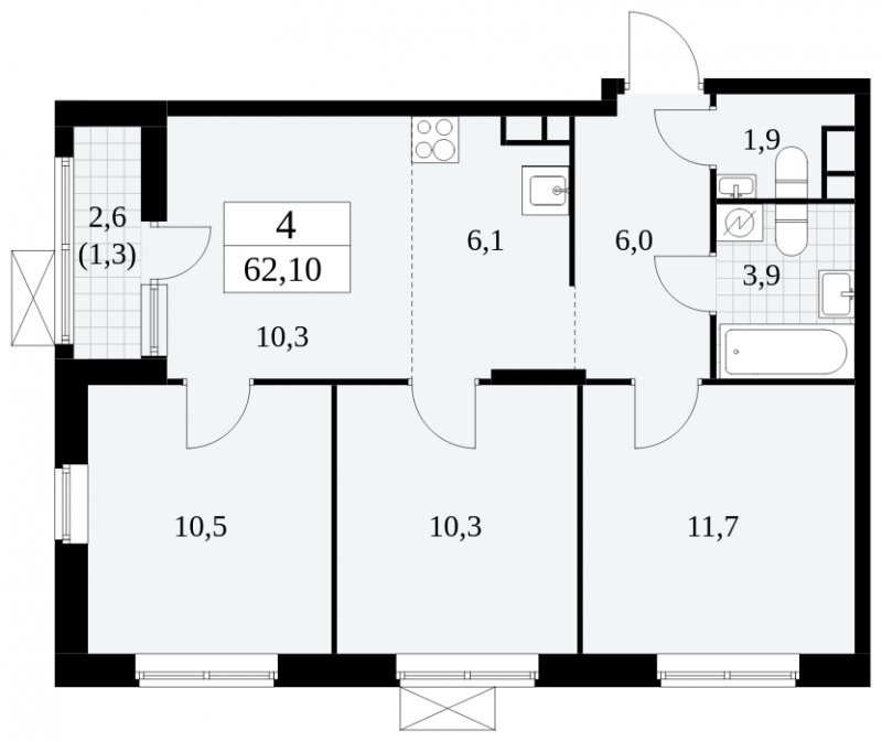 4-комнатная квартира (евро) с частичной отделкой, 62.1 м2, 3 этаж, сдача 2 квартал 2025 г., ЖК Прокшино, корпус 5.1.2 - объявление 1860047 - фото №1