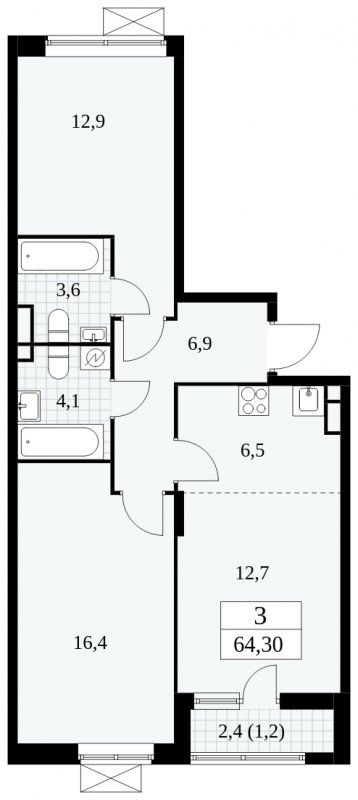 3-комнатная квартира (евро) без отделки, 64.3 м2, 11 этаж, сдача 1 квартал 2025 г., ЖК Прокшино, корпус 5.1.3 - объявление 1810775 - фото №1