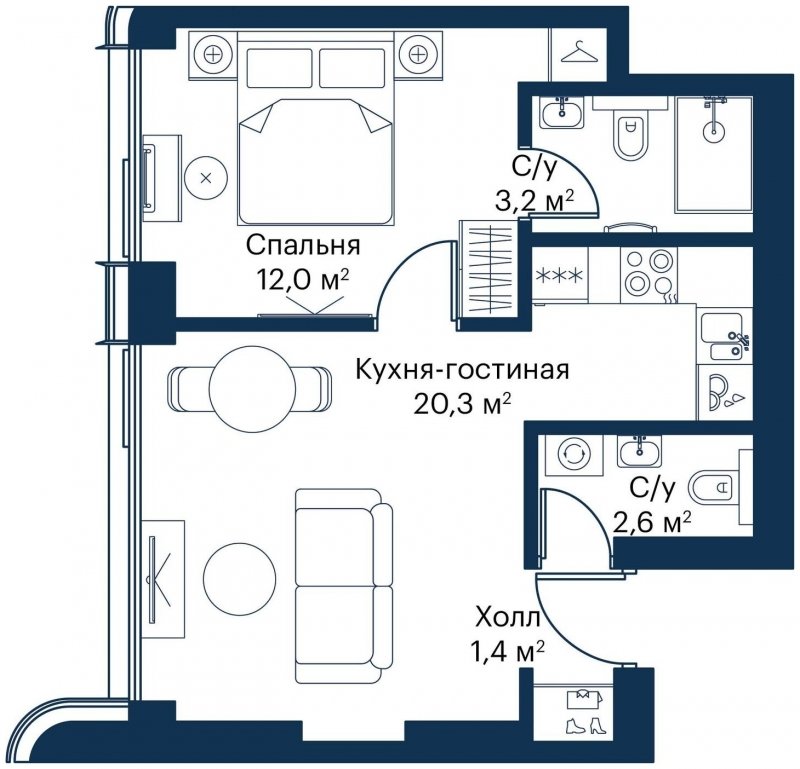1-комнатная квартира с частичной отделкой, 39.5 м2, 3 этаж, сдача 4 квартал 2023 г., ЖК City Bay, корпус Atlantic Ocean 1 - объявление 1645313 - фото №1