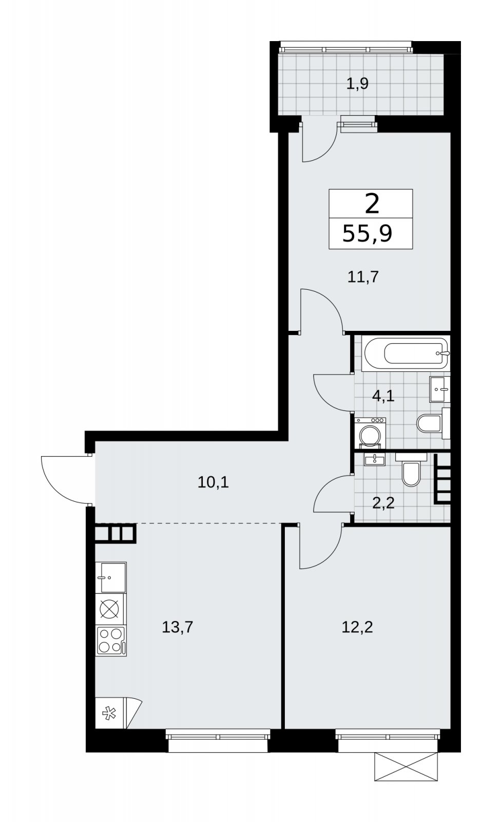 2-комнатная квартира без отделки, 55.9 м2, 8 этаж, сдача 1 квартал 2026 г., ЖК Дзен-кварталы, корпус 4.3 - объявление 2251687 - фото №1
