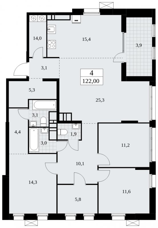 4-комнатная квартира (евро) без отделки, 122 м2, 18 этаж, сдача 1 квартал 2025 г., ЖК Дзен-кварталы, корпус 1.3 - объявление 1896063 - фото №1