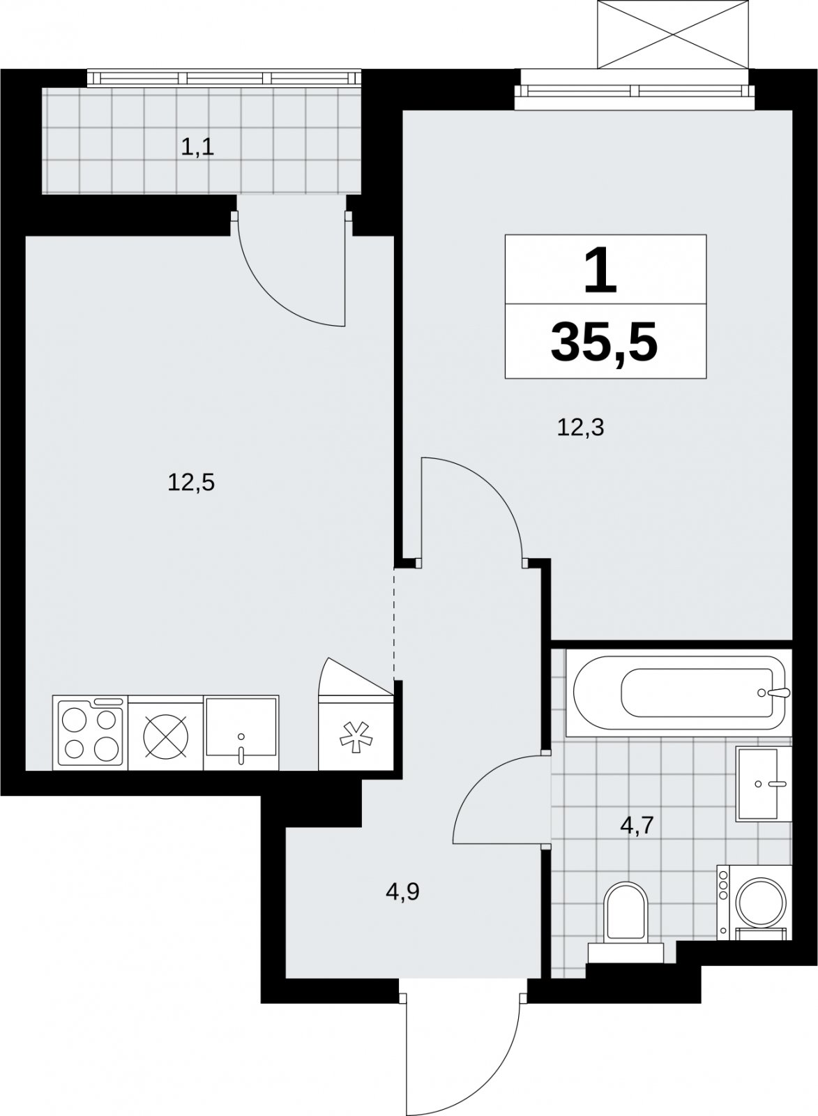 1-комнатная квартира без отделки, 35.5 м2, 8 этаж, сдача 1 квартал 2026 г., ЖК Дзен-кварталы, корпус 6.2.1 - объявление 2328337 - фото №1