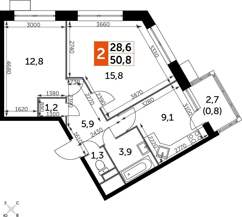 2-комнатная квартира без отделки, 52.1 м2, 17 этаж, дом сдан, ЖК Датский квартал, корпус 2 - объявление 2382394 - фото №1