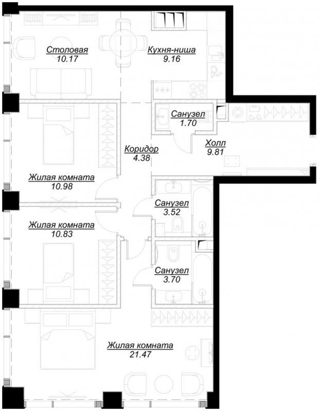 3-комнатная квартира с частичной отделкой, 85.72 м2, 41 этаж, сдача 4 квартал 2024 г., ЖК MOD, корпус Mod.D - объявление 1788527 - фото №1