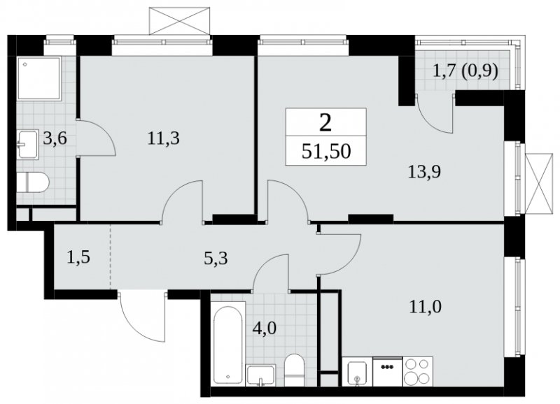 2-комнатная квартира с полной отделкой, 51.5 м2, 13 этаж, сдача 3 квартал 2024 г., ЖК Прокшино, корпус 6.5 - объявление 1663218 - фото №1