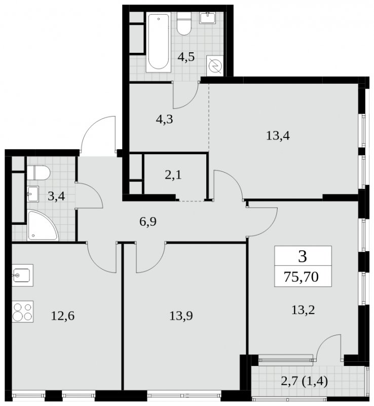 3-комнатная квартира без отделки, 75.7 м2, 23 этаж, сдача 2 квартал 2025 г., ЖК Южные сады, корпус 2.3 - объявление 1758255 - фото №1