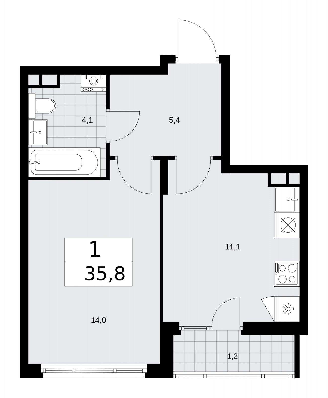 1-комнатная квартира с частичной отделкой, 35.8 м2, 14 этаж, сдача 2 квартал 2026 г., ЖК Деснаречье, корпус 4.4 - объявление 2264241 - фото №1