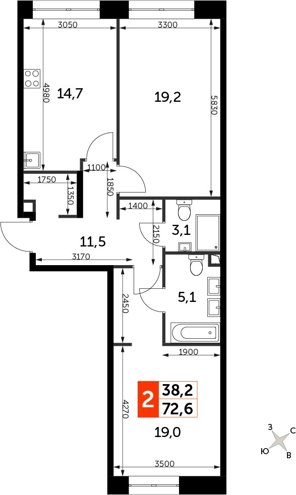2-комнатная квартира с частичной отделкой, 72.6 м2, 5 этаж, сдача 3 квартал 2024 г., ЖК Sydney City, корпус 2.1 - объявление 2260099 - фото №1