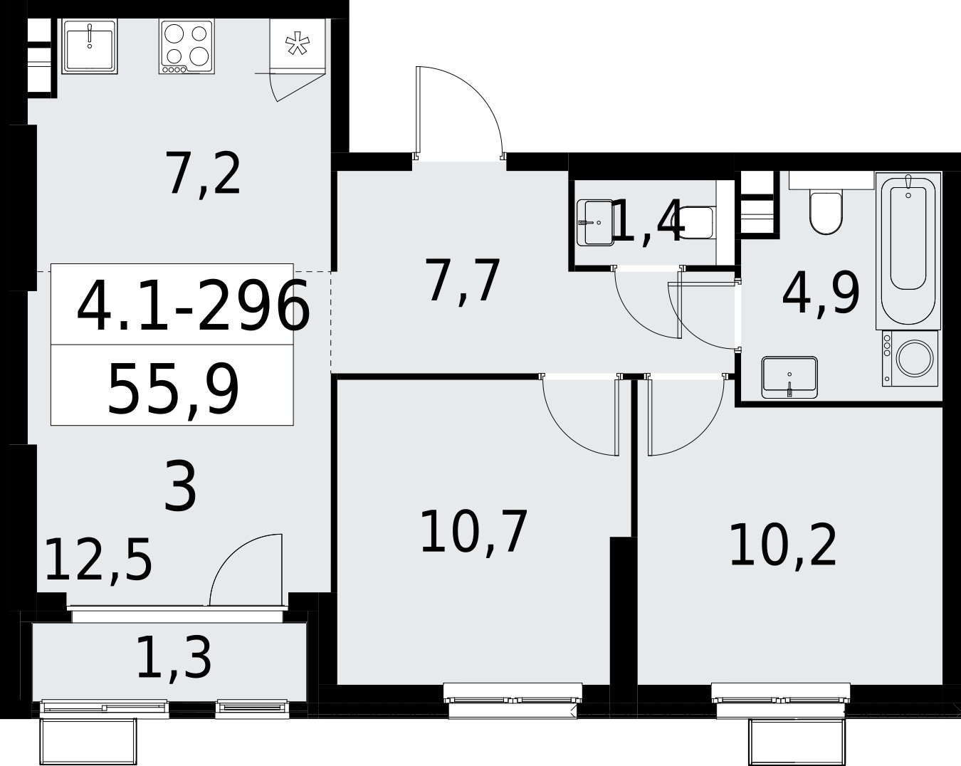 3-комнатная квартира (евро) с полной отделкой, 55.9 м2, 7 этаж, сдача 2 квартал 2027 г., ЖК Южные сады, корпус 4.1.2 - объявление 2392804 - фото №1