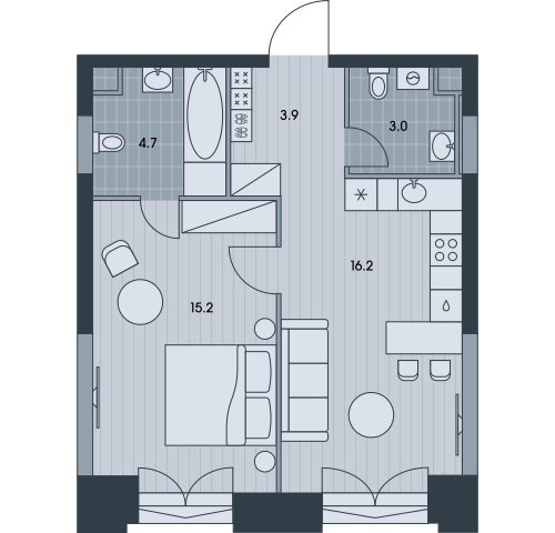 2-комнатная квартира без отделки, 43 м2, 4 этаж, сдача 3 квартал 2025 г., ЖК EVER, корпус 5 - объявление 2412584 - фото №1