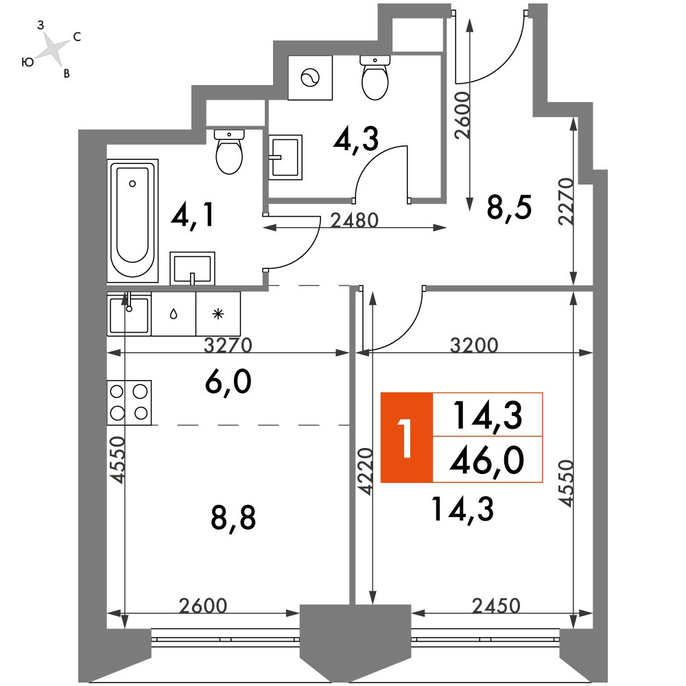 1-комнатная квартира с частичной отделкой, 46 м2, 32 этаж, дом сдан, ЖК Архитектор, корпус 3 - объявление 2374922 - фото №1