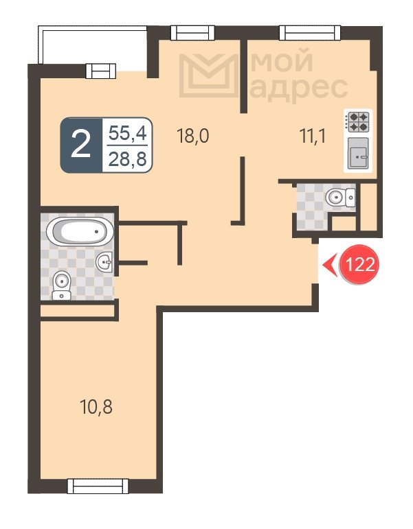 2-комнатная квартира с полной отделкой, 55.4 м2, 9 этаж, дом сдан, ЖК мой адрес В Зеленограде, корпус 2044 - объявление 1745281 - фото №1