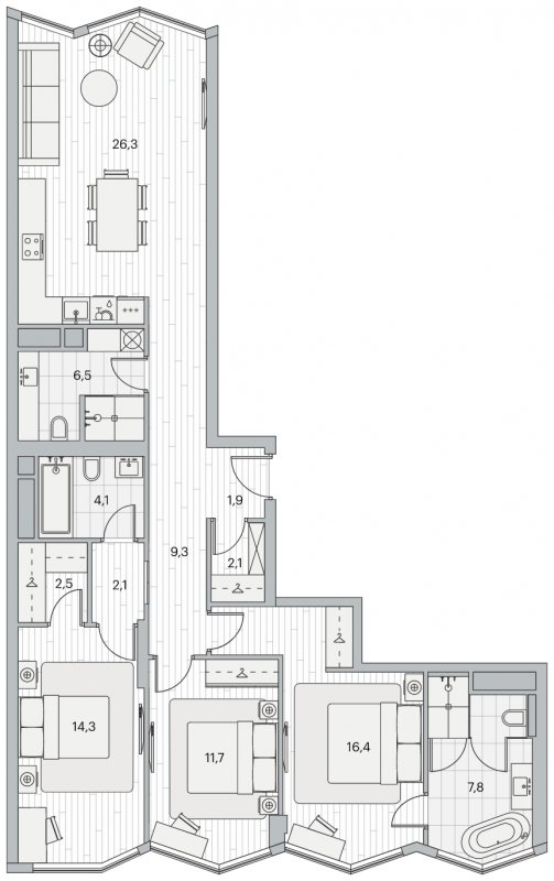 3-комнатная квартира 105 м2, 7 этаж, дом сдан, ЖК Береговой, корпус 5 - объявление 1931326 - фото №1
