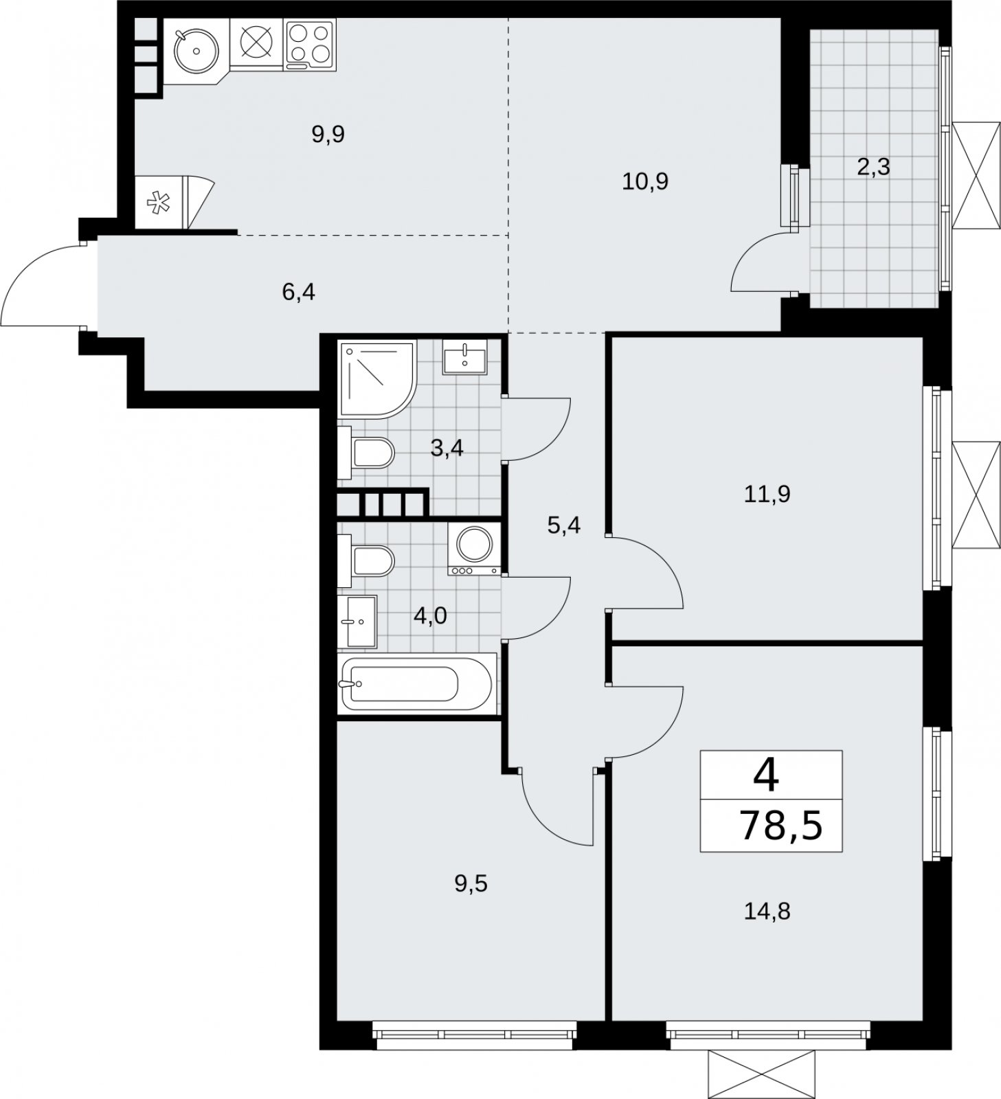 4-комнатная квартира (евро) без отделки, 78.5 м2, 10 этаж, сдача 2 квартал 2026 г., ЖК Бунинские кварталы, корпус 5.3 - объявление 2297574 - фото №1