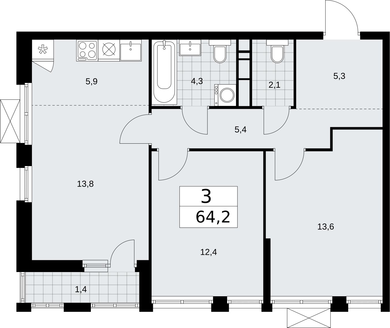3-комнатная квартира (евро) без отделки, 64.2 м2, 8 этаж, сдача 2 квартал 2026 г., ЖК Бунинские кварталы, корпус 5.4 - объявление 2297704 - фото №1