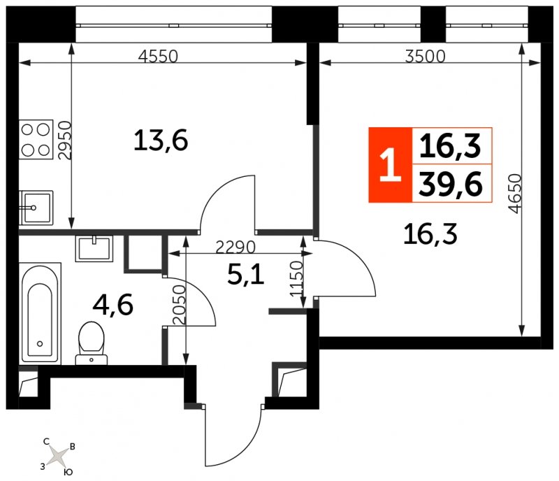 1-комнатная квартира с полной отделкой, 39.6 м2, 4 этаж, сдача 3 квартал 2024 г., ЖК Sydney City, корпус 2.1 - объявление 1710098 - фото №1