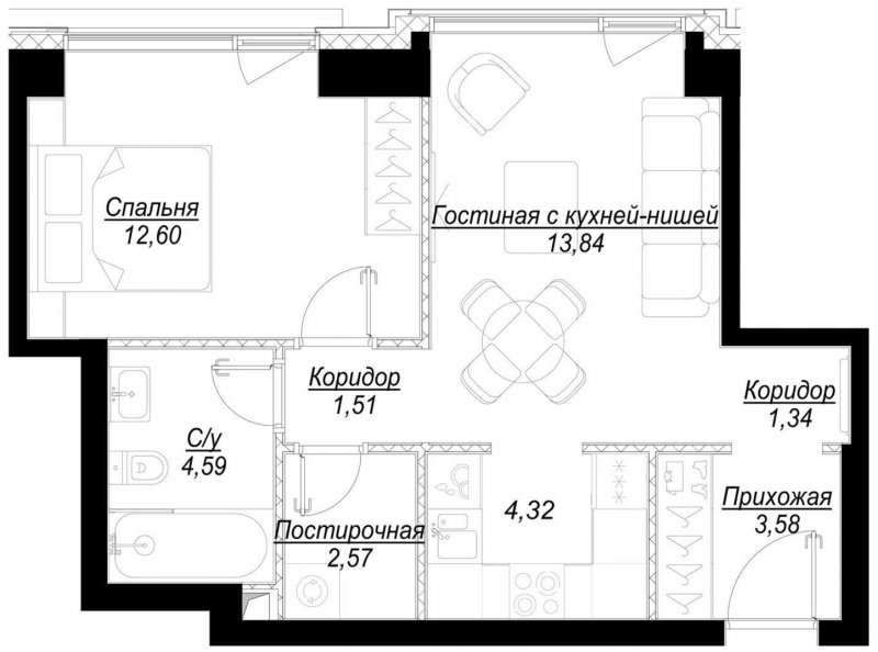 1-комнатная квартира с частичной отделкой, 44.4 м2, 14 этаж, сдача 1 квартал 2023 г., ЖК Hide, корпус RiverSide - объявление 1756832 - фото №1