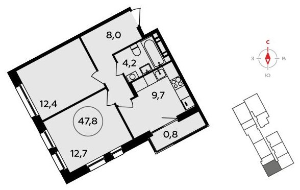 2-комнатная квартира без отделки, 47.8 м2, 7 этаж, сдача 3 квартал 2023 г., ЖК Прокшино, корпус 4.3 - объявление 1498121 - фото №1