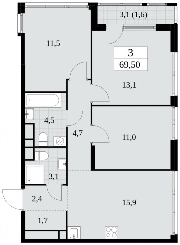 3-комнатная квартира с частичной отделкой, 69.5 м2, 30 этаж, сдача 2 квартал 2025 г., ЖК Южные сады, корпус 2.2 - объявление 1757686 - фото №1