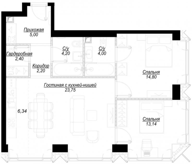 2-комнатная квартира с частичной отделкой, 75.8 м2, 4 этаж, сдача 1 квартал 2023 г., ЖК Hide, корпус ParkLane - объявление 1707114 - фото №1