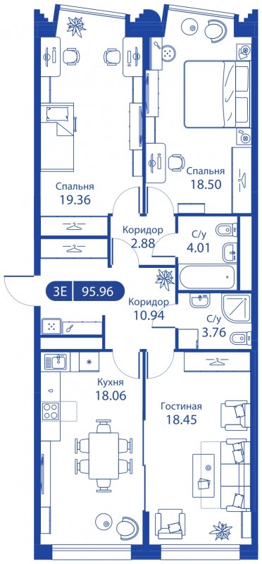 3-комнатная квартира без отделки, 95.93 м2, 3 этаж, сдача 4 квартал 2023 г., ЖК iLove, корпус 3 - объявление 1773660 - фото №1