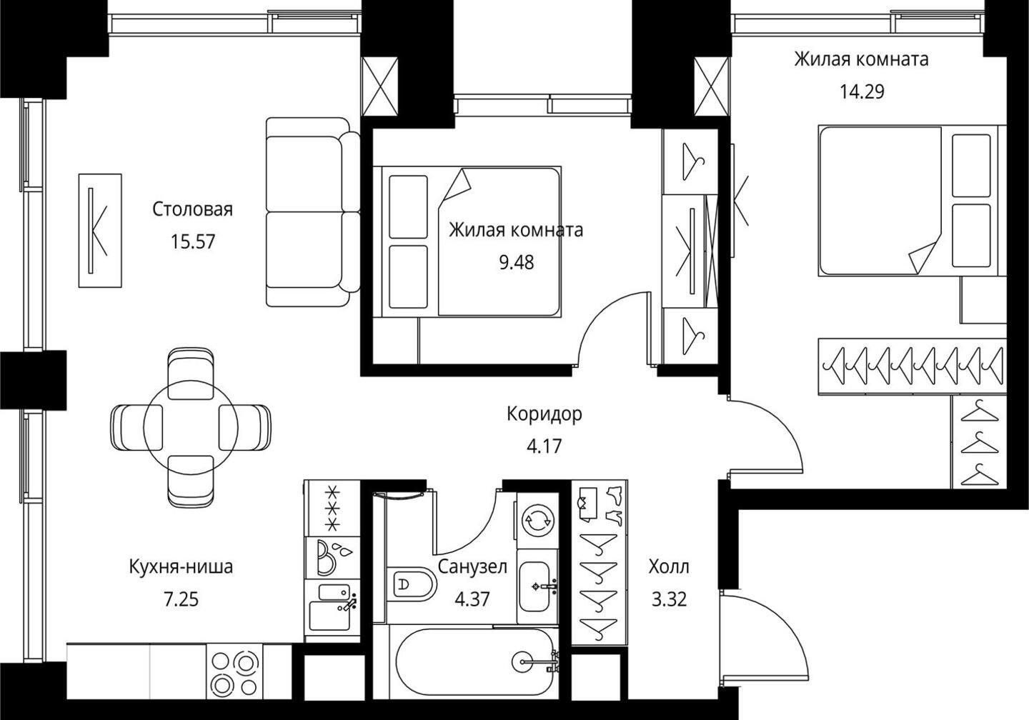 2-комнатная квартира с частичной отделкой, 58.45 м2, 20 этаж, сдача 3 квартал 2026 г., ЖК City Bay, корпус North Ocean 11 - объявление 2240479 - фото №1