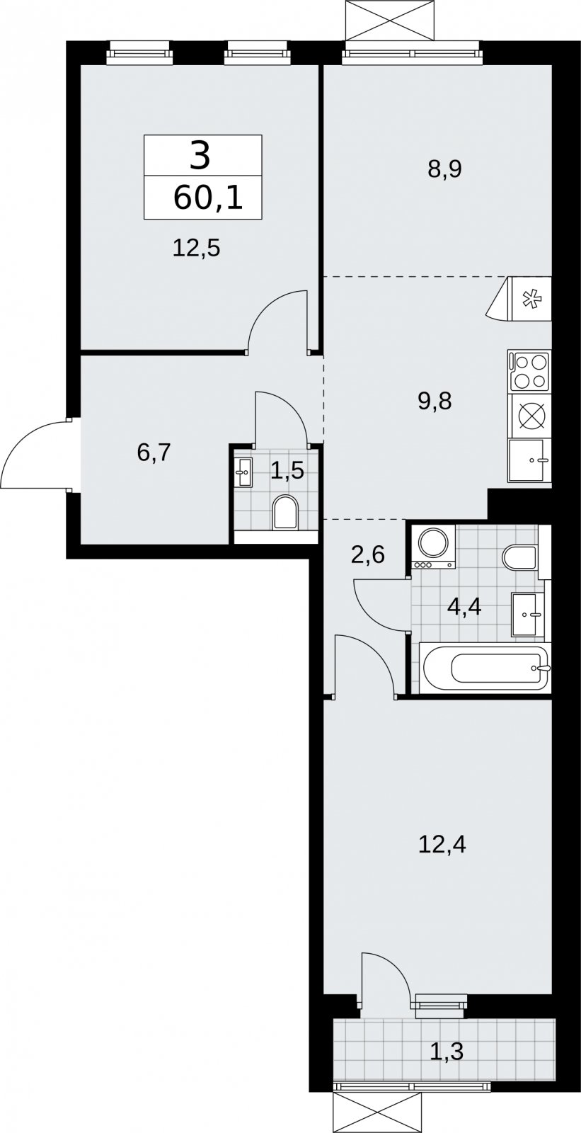 3-комнатная квартира (евро) с полной отделкой, 60.1 м2, 6 этаж, сдача 2 квартал 2026 г., ЖК Бунинские кварталы, корпус 7.1 - объявление 2319497 - фото №1