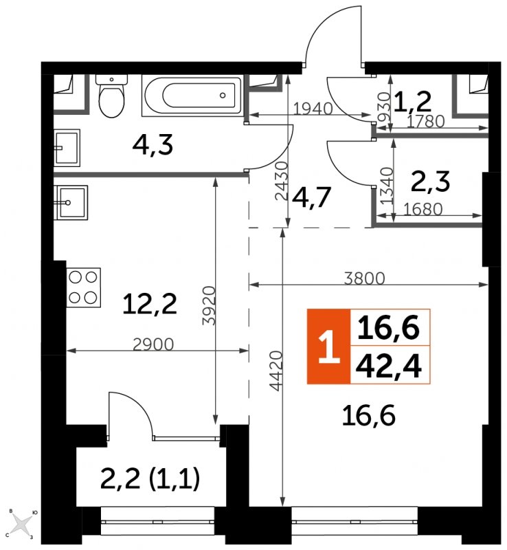 1-комнатная квартира с частичной отделкой, 42.4 м2, 7 этаж, сдача 1 квартал 2023 г., ЖК Sydney City, корпус 3 - объявление 1773966 - фото №1