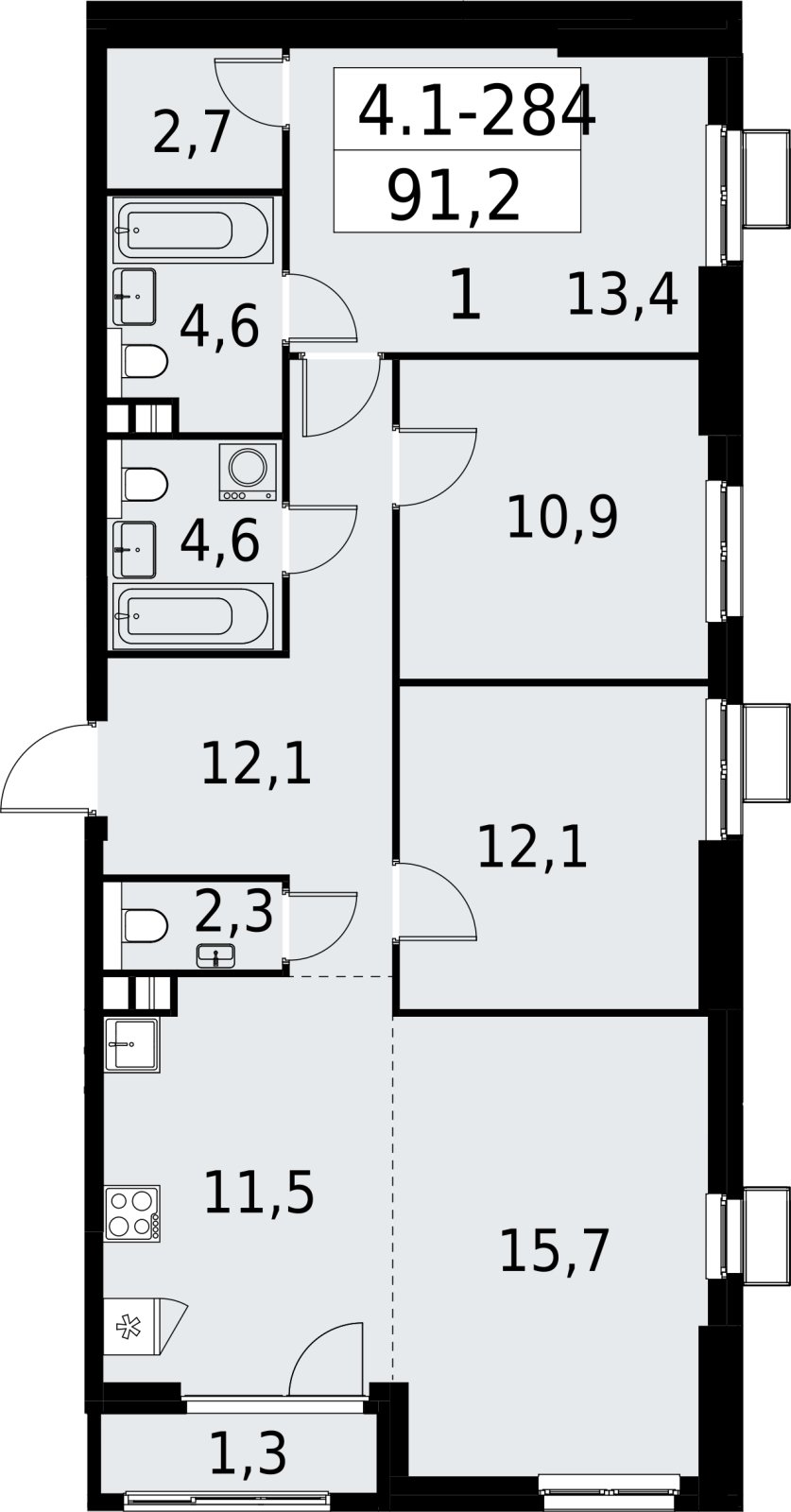 4-комнатная квартира (евро) с полной отделкой, 91.2 м2, 5 этаж, сдача 2 квартал 2027 г., ЖК Южные сады, корпус 4.1.2 - объявление 2392794 - фото №1