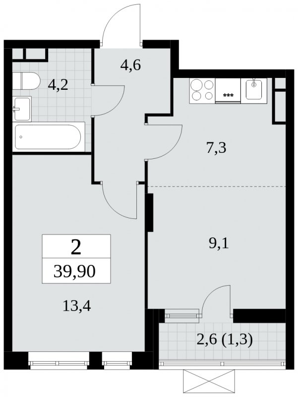 2-комнатная квартира (евро) с частичной отделкой, 39.9 м2, 6 этаж, сдача 3 квартал 2024 г., ЖК Прокшино, корпус 8.2 - объявление 1683830 - фото №1