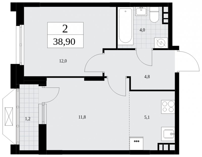 2-комнатная квартира (евро) без отделки, 38.9 м2, 7 этаж, сдача 4 квартал 2024 г., ЖК Бунинские кварталы, корпус 1.3 - объявление 1834768 - фото №1