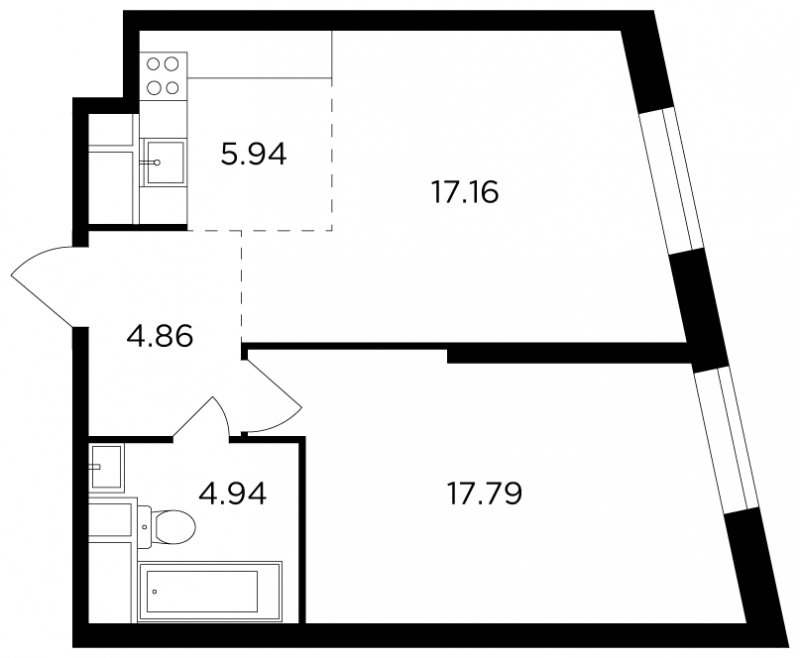 2-комнатная квартира (евро) без отделки, 50.69 м2, 13 этаж, дом сдан, ЖК КутузовGRAD 2, корпус 6 - объявление 2007655 - фото №1