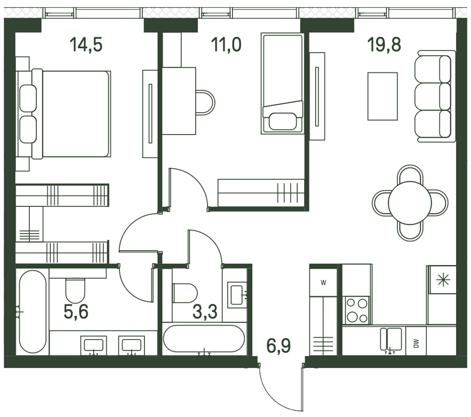 2-комнатная квартира с частичной отделкой, 61.1 м2, 14 этаж, сдача 1 квартал 2027 г., ЖК Moments, корпус 2.1 - объявление 2275566 - фото №1