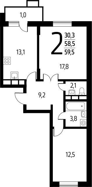 2-комнатная квартира с полной отделкой, 59.5 м2, 2 этаж, сдача 1 квартал 2025 г., ЖК Новые Ватутинки. Заречный, корпус 5/1 - объявление 2272178 - фото №1