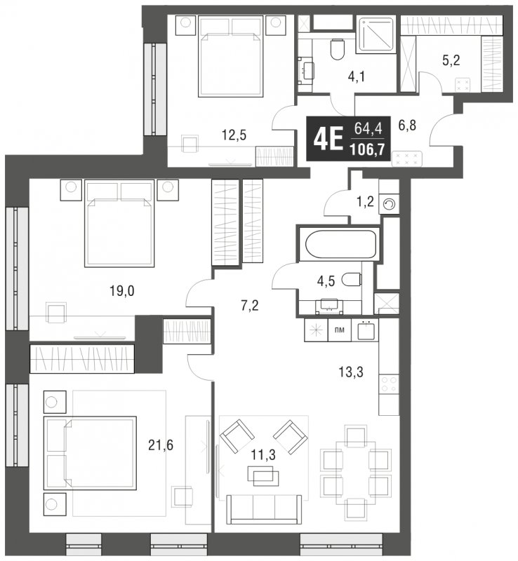 4-комнатная квартира (евро) с частичной отделкой, 106.7 м2, 15 этаж, сдача 2 квартал 2024 г., ЖК AFI Tower, корпус 1 - объявление 1930791 - фото №1