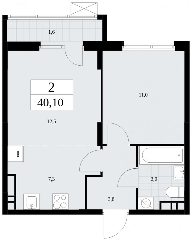 2-комнатная квартира (евро) без отделки, 40.1 м2, 9 этаж, сдача 2 квартал 2025 г., ЖК Дзен-кварталы, корпус 2.4 - объявление 1932861 - фото №1
