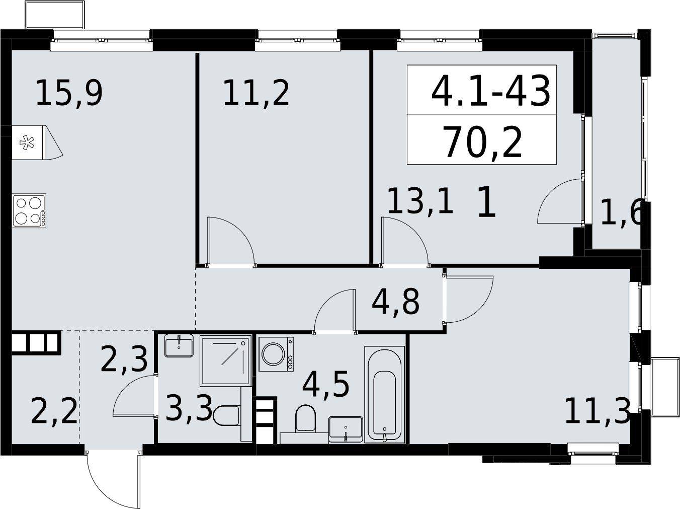 3-комнатная квартира с полной отделкой, 70.2 м2, 9 этаж, сдача 2 квартал 2027 г., ЖК Южные сады, корпус 4.1.1 - объявление 2392584 - фото №1