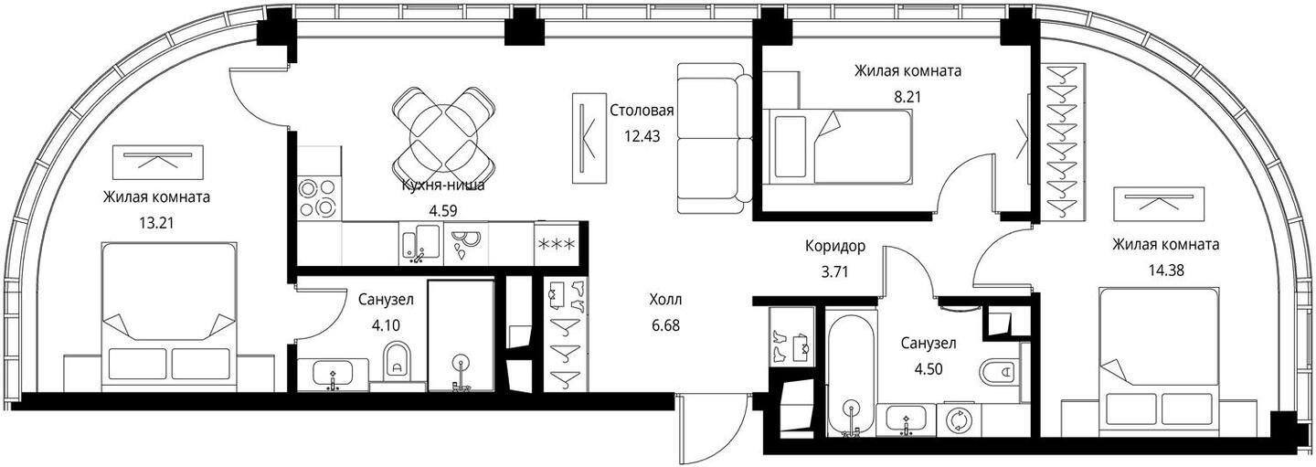 3-комнатная квартира с частичной отделкой, 71.8 м2, 36 этаж, сдача 3 квартал 2026 г., ЖК City Bay, корпус North Ocean 8 - объявление 2240593 - фото №1