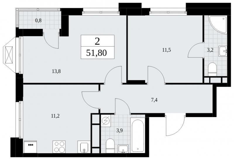 2-комнатная квартира с частичной отделкой, 51.8 м2, 12 этаж, сдача 4 квартал 2024 г., ЖК Бунинские кварталы, корпус 1.2 - объявление 1834530 - фото №1