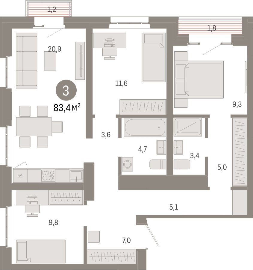 3-комнатная квартира 83.4 м2, 4 этаж, сдача 3 квартал 2026 г., ЖК Квартал Метроном, корпус 1 - объявление 2330774 - фото №1