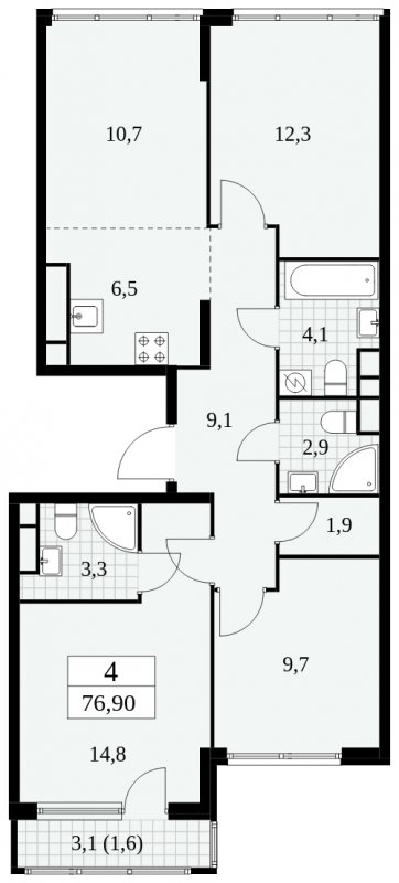 4-комнатная квартира (евро) без отделки, 76.9 м2, 27 этаж, сдача 2 квартал 2025 г., ЖК Южные сады, корпус 2.4 - объявление 1760523 - фото №1