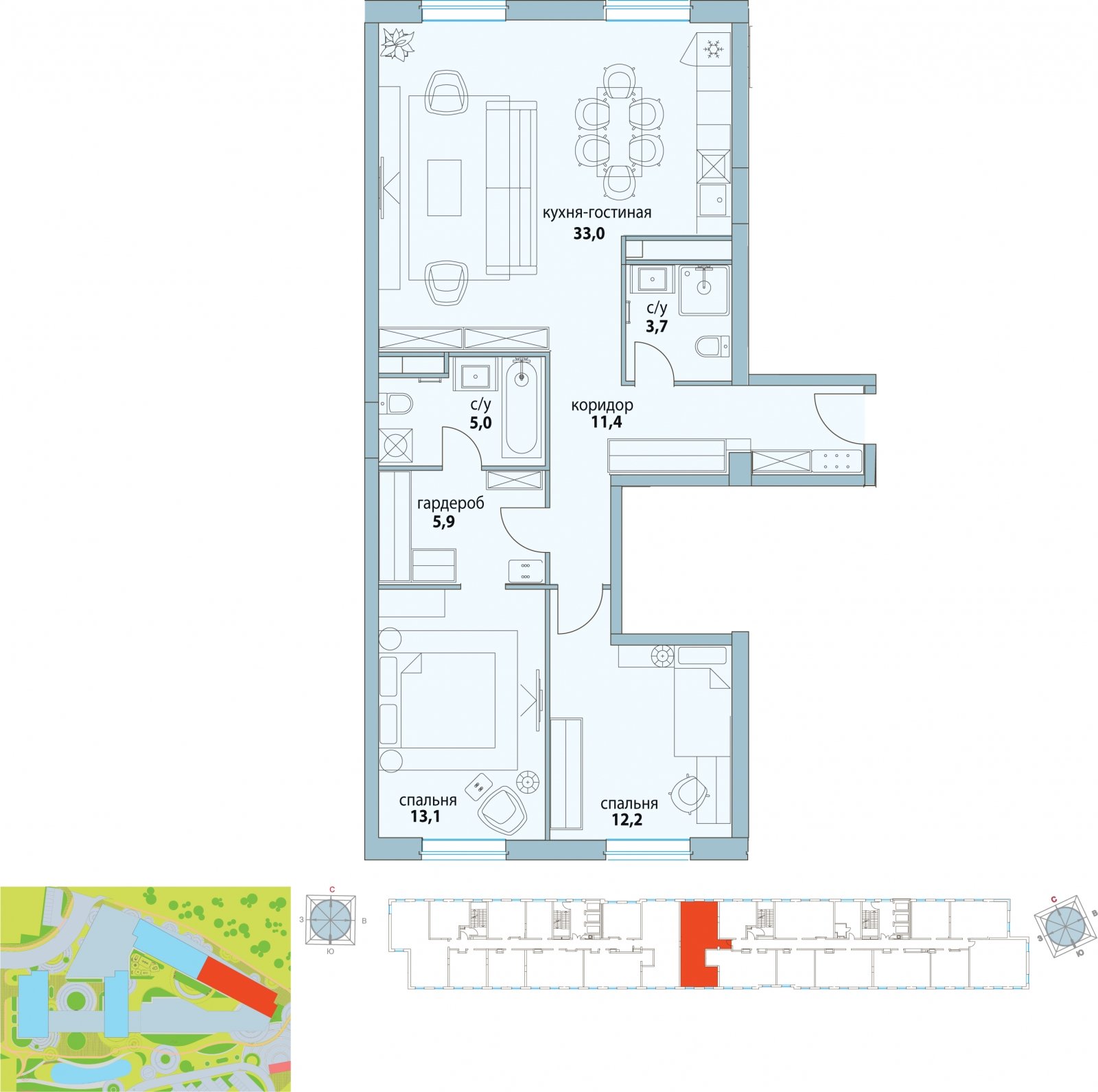3-комнатная квартира (евро) с полной отделкой, 84.7 м2, 10 этаж, дом сдан, ЖК Символ, корпус 18 (квартал "Смелость") - объявление 2286650 - фото №1