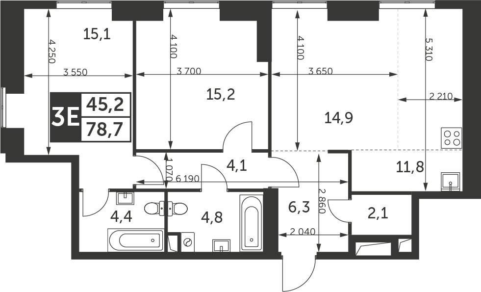 3-комнатная квартира с частичной отделкой, 78.7 м2, 35 этаж, дом сдан, ЖК Архитектор, корпус 2 - объявление 2207389 - фото №1