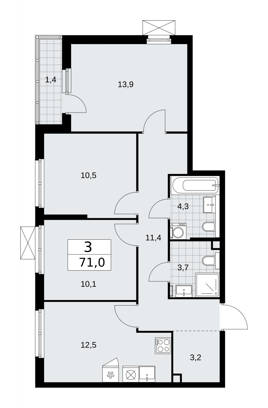 3-комнатная квартира с частичной отделкой, 71 м2, 2 этаж, сдача 2 квартал 2026 г., ЖК Прокшино, корпус 11.2.3 - объявление 2270337 - фото №1