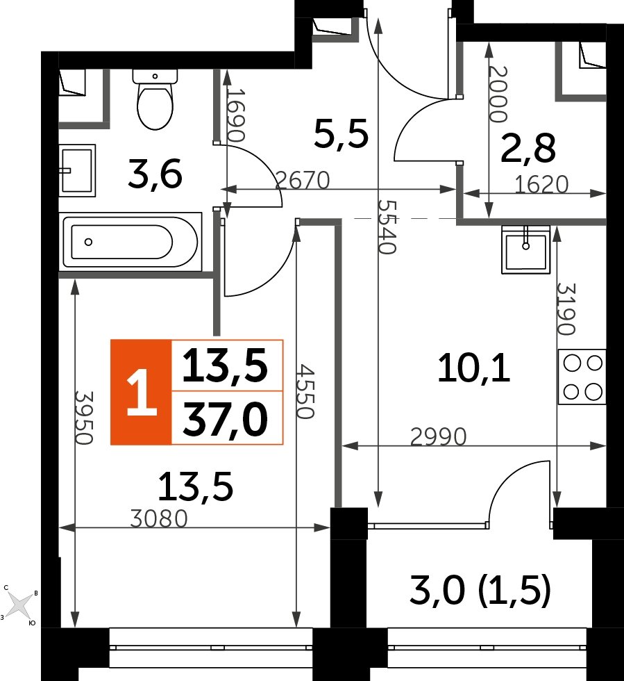 1-комнатная квартира с частичной отделкой, 37 м2, 29 этаж, дом сдан, ЖК Sydney City, корпус 1 - объявление 2238366 - фото №1