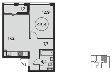 1-комнатная квартира без отделки, 43.4 м2, 3 этаж, сдача 1 квартал 2022 г., ЖК Скандинавия, корпус 8.4 - объявление 1153831 - фото №1