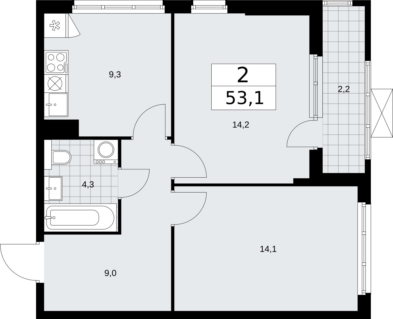 2-комнатная квартира без отделки, 53.1 м2, 8 этаж, сдача 2 квартал 2026 г., ЖК Бунинские кварталы, корпус 7.4 - объявление 2314083 - фото №1
