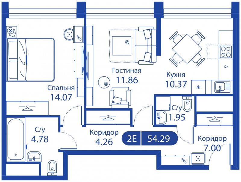 2-комнатная квартира без отделки, 54.29 м2, 31 этаж, сдача 4 квартал 2023 г., ЖК iLove, корпус 3 - объявление 1565112 - фото №1